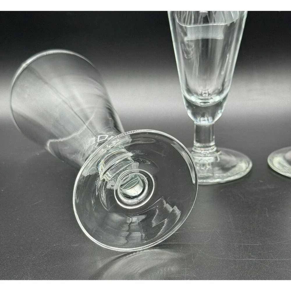 Vintage Etched Clipper Ship & Birds Pilsner Glasses Footed Beer Goblets Set 4